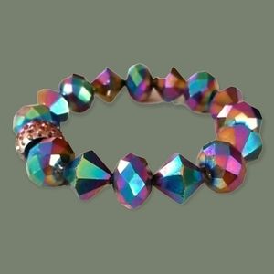 Hand Crafted Faceted Rainbow Glass Bead Stretch Bracelet NWT
